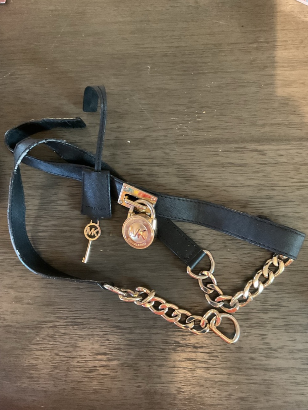 Michael Kors Black Leather Belt with Gold Chain and MK Lock Charm